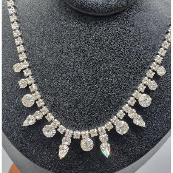 Vintage Garne Jewelry Rhinestone Choker Necklace 15" Clear Prong Set Stones - Picture 4 of 7